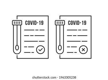 black positive and negative covid-19 linear tests. concept of check list for medicine. flat lineart style trend modern graphic stroke art pcr or antibody result doc design isolated on white background