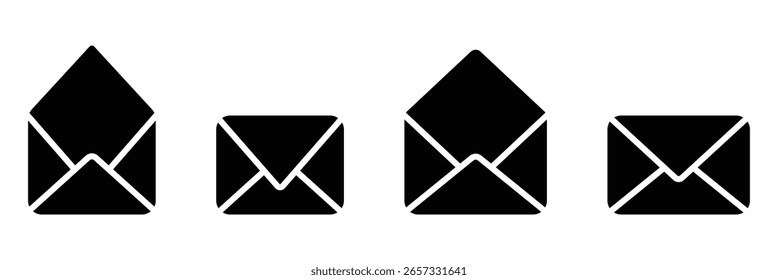 Pictograma negro de la oficina de correos o del buzón en el fondo blanco. Icono de correo electrónico con símbolo de sobre. Iconos de sobres abiertos y cerrados, que simbolizan la comunicación y el flujo de mensajes.