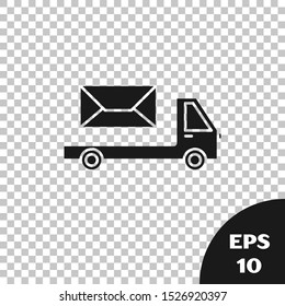 Black Post truck icon isolated on transparent background. Mail car. Vehicle truck transport with envelope or letter.  Vector Illustration