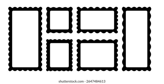 Black postage stamp frame set with wavy edges. Rectangular scallop frames with corrugated borders in various sizes.