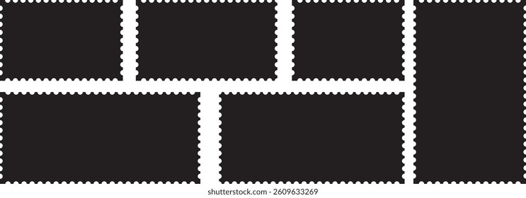 Black postage stamps set. Post stamp frames and borders. Rectangle template for mail, postcard, letter, note. Jagged wavy edge forms. Post stamps collection.	
