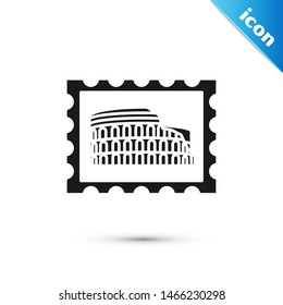 Black Postal stamp and Coliseum icon isolated on white background. Colosseum sign. Symbol of Ancient Rome, gladiator fights.  Vector Illustration