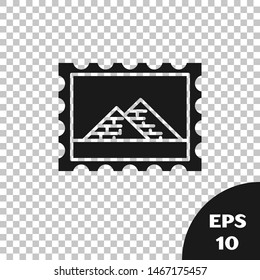 Black Postal stamp and Egypt pyramids icon isolated on transparent background.  Vector Illustration