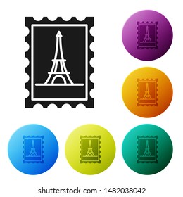 Black Postal stamp and Eiffel tower icon isolated on white background. Set icons colorful circle buttons. Vector Illustration