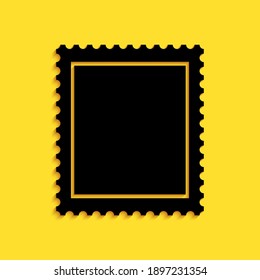 Black Postal stamp icon isolated on yellow background. Long shadow style. Vector.