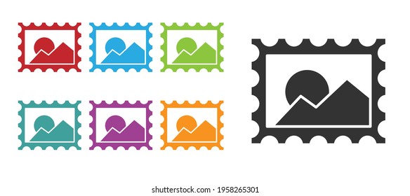 Icono de sello postal negro aislado en fondo blanco. Indique los iconos en colores. Ilustración vectorial