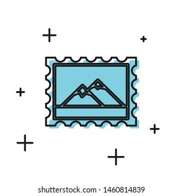 Black Postal stamp and Mountains icon isolated on white background.  Vector Illustration