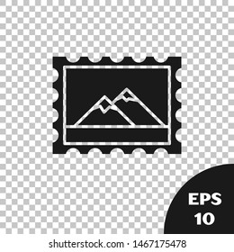Black Postal stamp and Mountains icon isolated on transparent background.  Vector Illustration