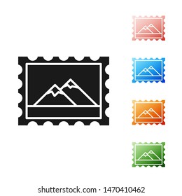 Black Postal stamp and Mountains icon isolated on white background. Set icons colorful. Vector Illustration