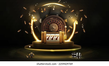 Afiche negro con rueda de la ruleta del casino con cartas de juego negras, máquina tragamonedas, dados y chips en el podio con anillo de neón dorado en el fondo