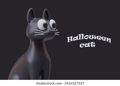 Black poster with cat in cartoon style. Mysterious mystical cat. Funny placard with place for text. Vector illustration in 3d style in black and white colors