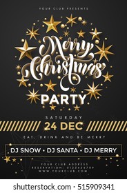 Black Poster for Christmas party event. Gold glitter foil stars decoration with modern Merry Christmas hand lettering on black background. Vector A4, A3 vertical poster