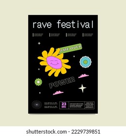 Black poster with colourful groovy daisy, clouds and inscriptions. Rave fetsival artwork, vector flyer.