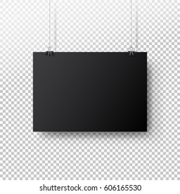 Black poster hanging on binder. Transparent background with mock up empty paper blank. Layout mockup. Horizontal template sheet