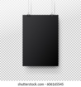 Black Poster Hanging On Binder. Transparent Background With Mock Up Empty Paper Blank. Layout Mockup. Vertical Template Sheet