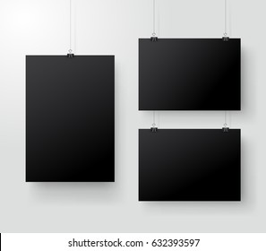 Black poster hanging on binder. Grey wall with mock up empty paper blank. Layout mockup. Vertical and horizontal template sheet. Vector illustration