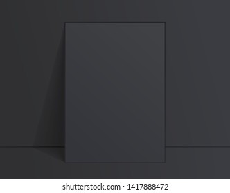 Black poster mockup standing on the floor near black wall. Blank Canvas Mockup for design. Vector illustration