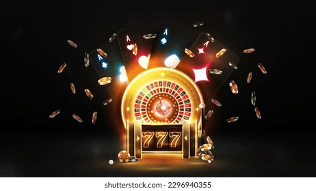 Black poster with neon gold slot machine, neon Casino Roulette, poker chips and playing cards on dark background