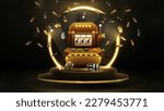Black poster with black playing cards, slot machine, dice and chips on podium with gold neon ring on background