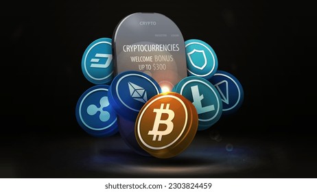 Black poster with smartphone and 3D cryptocurrency coins around. Cryptocurrency dark background with smartphone of future