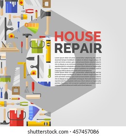 Black poster with tools for house repair. Vector illustration with text, in a flat, colorful design for leaflets, websites, store advertising