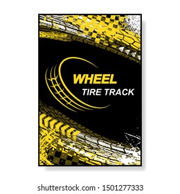 Black poster with white and yellow ink blots, tire tracks and race elements