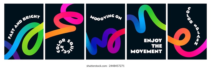 Black Posters with Color Gradient Lines. Abstract Dynamic Colorful Shapes on Dark Background.