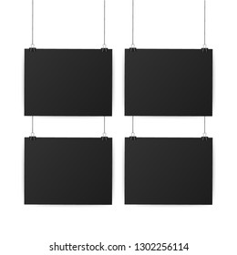 Black posters hanging on binder. Grey wall with mock up empty paper blank. Vector stock illustration.