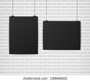 Black posters hanging on binder. Grey wall with mock up empty paper blank. Vector stock illustration.