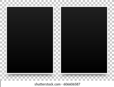 black posters realistic template, mock-up with margins, soft shadow and transparent background for design concepts, presentations, web, identity, prints. Vector illustration.