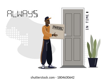 Black postman bringing a parcel to the door. Door to door delivery. Courier delivery. Flat illustration of people in trendy style