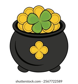 A black pot brimming with gleaming gold coins, adorned with a vibrant green shamrock. A symbol of luck and prosperity, perfect for St. Patrick’s Day or Irish-themed designs.