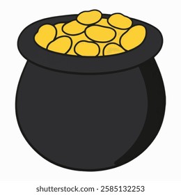 A black pot brimming with gold coins, drawn in a whimsical cartoon style with a touch of mystery. Great for pirate treasure maps, Halloween themes, or magic inspired artworks.