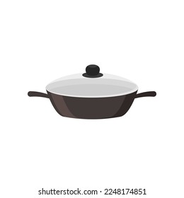 Black pot cartoon illustration. Metal cooking pot with lid, stainless utensil for making soup or boiling water. Household, kitchen concept