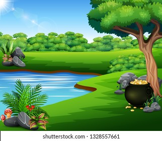 Black pot of coins on the lakeside