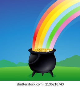 Black pot containing leprechaun gold coins from which a rainbow emerges in a green landscape (cut out)