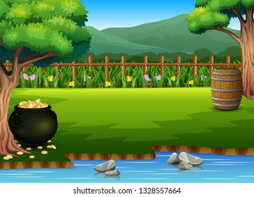 Black pot of full coins on the beautiful nature