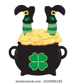 Cacerola negra llena de monedas de oro y piernas de duende pop-up de la treatura, ilustración vectorial gráfica para el día de San Patricio.