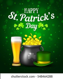 Black pot of gold coins, glass of beer and hat on green background. Irish holiday Saint Patrick's Day. Vector illustration for greeting card, poster, banner.