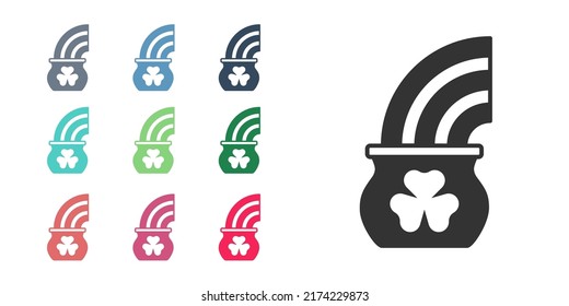Black Pot of gold with magic rainbow icon isolated on white background. Happy Saint Patricks day. National Irish holiday. Set icons colorful. Vector
