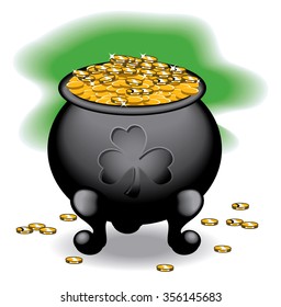 Black pot of gold overflowing with gold coins