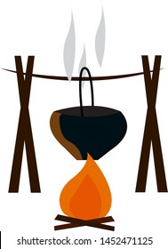 A black pot hanging above a wood fire, vector, color drawing or illustration.