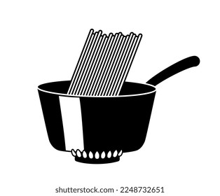 Icono de olla negra. Espagueti y pasta. Estética y elegancia, creatividad y arte minimalistas. Cocina italiana, café o menú de restaurante. Logo para la compañía, marca. Dibujo vectorial plano de dibujos animados