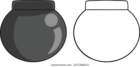 Black pot with lid and colored lines