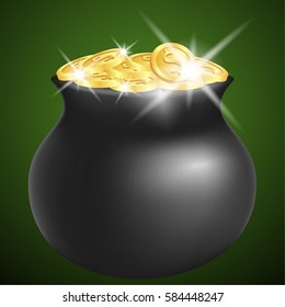 Black pot with shiny gold coins isolated on green background. St Patricks days celebration concept. Vector Illustration