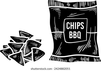 black potato silhouette or flat tortilla illustration of BBQ logo snack for food with chip icon and crisp shape eat as crunchy to corn