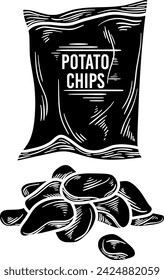 black potato silhouette or flat tortilla illustration of snack logo food for chip with crisp icon and eat shape crunchy as corn to chips