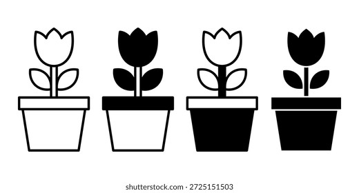 Black potted plant icon bundle representing indoor gardening and decorative plants. Ideal for home decor visuals, lifestyle themes, and modern design projects.