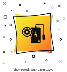Black Power bank with charge cable and gear icon isolated on white background. Adjusting app, service concept, setting options, maintenance, repair. Yellow square button. Vector Illustration