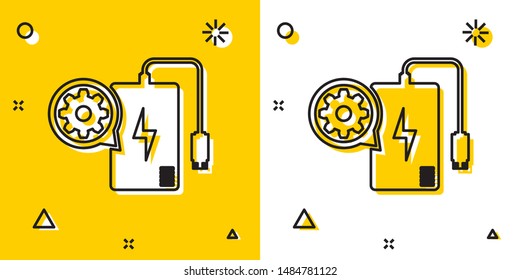 Black Power bank with charge cable and gear icon on yellow and white background. Adjusting app, service concept, setting options, maintenance, repair. Random dynamic shapes. Vector Illustration